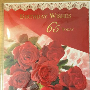 Vintage/Retro Circa jaren 1990 Grote 'Birthday Wishes 65 Today' Card - Fabulous Red Roses Photo Card - Sweet Verse - Flower Loving Friend Card