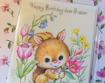 RARE True Vintage/Retro Circa 1970s  'Happy Birthday dear Sister' Card  - Cute Squirrel Design - Sweet Verse - Vintage Loving Sister Card