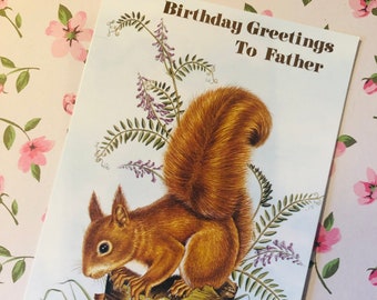 RARE Vintage Circa 1970s Birthday Greetings To Father Stunning Squirrel & Forest Design Birthday Card Sentimental Verse -Nature Lover Father