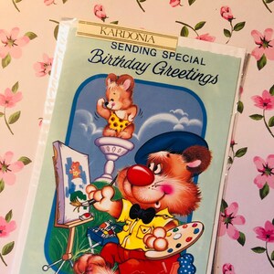 Cartão RARO Vintage/Retro por volta de 1970 'Enviando cumprimentos especiais de aniversário' - Bonito design de tigre 'Artista' - Cartão de amigo/parente amante retrô