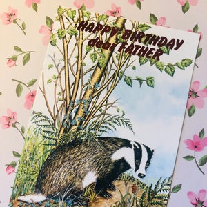 SELTENE Vintage 1970er Jahre 'Happy Birthday lieber Vater' Atemberaubende Dachs und Wald Design Geburtstagskarte - Sentimental Vers - Naturliebhaber Vater