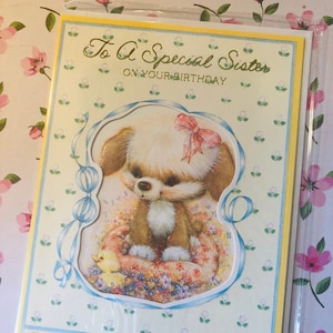 Cartão RARE Circa 1970 Vintage Não Usado 'Para uma Irmã Especial no Seu Aniversário' - Design Fofo de Cachorro e Patinho - Retro/Kitsch/Irmã Amante de Cachorro