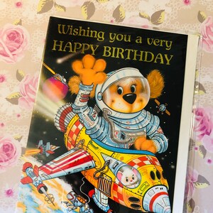 RARE vintage/Retro Circa 1980s Non écrit « Je vous souhaite un très joyeux anniversaire » Carte Mignon « Rocket Pilot » Dog Design - Sweet Verse - Nostalgie