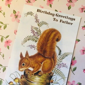 SELTENE Vintage Circa 1970er Jahre Geburtstag Grüße an Vater Atemberaubende Eichhörnchen & Wald Design Geburtstagskarte Sentimental Verse-Nature Lover Father
