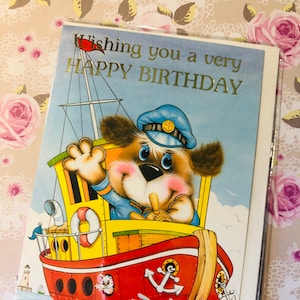 Raro vintage/retro por volta de 1980, não escrito, desejando a você um cartão de feliz aniversário com um lindo design de cachorro 'marinheiro' - verso doce - cartão nostálgico