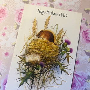 RARE & FABULOUS Vintage 1960s 'Happy Birthday Dad' Atemberaubende Maus und Distel Design Geburtstagskarte - Sentimentaler Vers - Natur liebender Vater