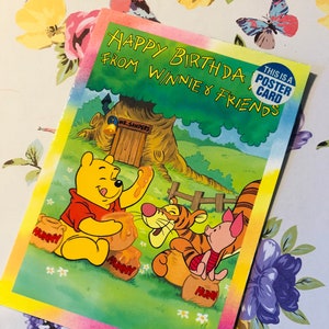 Biglietto poster vintage anni '90 "Buon compleanno da Winnie & Friends" - Design Winnie The Pooh, Tigro e Maialino - Biglietto fan Pooh - Da collezione
