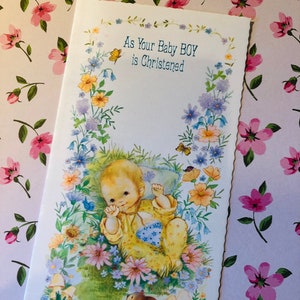 RARE vintage Circa 1960s 'As Your Baby Boy is Christened' Card - Super Cute Baby Boy & Rabbit Design - Sweet Verse - vintage Lovers Card