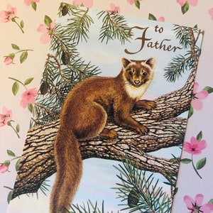 SELTENE Vintage 1970er Jahre 'To Father' Atemberaubende Iltis(?) und Wald Design Geburtstagskarte - Sentimental Verse - Naturliebende Vaterkarte