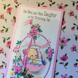 RARE vintage Circa 1960s « Dieu bénisse votre petite fille le jour de son baptême » carte Super Cute Baby Girl Design - Sweet Verse - vintage Lovers