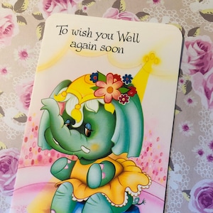 RARA carta vintage/retrò degli anni '70 "Per augurarti bene di nuovo presto" con simpatico elefante nel design del circo - Carta nostalgia/amante dell'elefante