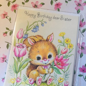 RARE véritable carte vintage/rétro des années 1970 « Happy Birthday dear Sister » - design écureuil mignon - vers doux - carte vintage Loving Sister