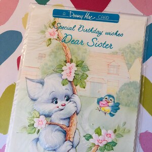 RARO circa anni '70 Vintage/Retro inutilizzato 'Auguri di compleanno speciali cara sorella' Design di gatto super carino/retro - Versetto dolce - Biglietto d'amore retrò