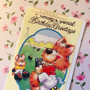 RARO biglietto d'auguri vintage/retrò anni '70 circa "Invio di auguri speciali per il compleanno" - Grazioso design con gatto che gioca a "ciotole" - Biglietto retrò per amante, amico o parente