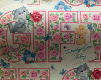 EXTREMELY Rare Vintage Circa 1970s 'Twenty-One Today' Gift Wrap with Super Cute Animal Design -Nostalgia/Retro/Animal Lover Wrapping Paper