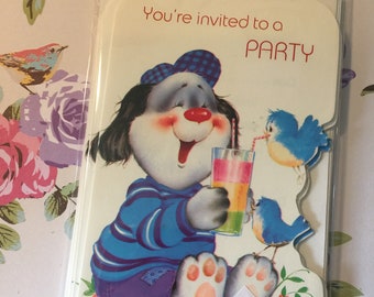 RARE Fabulous Vintage/Retro Circa 1970s 'You're invited to a Party' Invites- 6 Invites Cute Dog Design & 6 Envelopes - Nostalgic Invitations