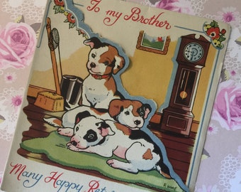 EXTREMELY RARE Circa 1940s Signed Vintage Four-fold Birthday Card Collectable Mia Card Sweet Verse Cute Dog Design Decorated Inside