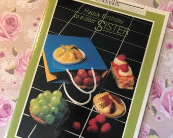 RARE Circa 1980s 'Happy Birthday to a dear Sister' Retro Photo Card with a Cake Theme -Cake/Fruit Loving Sister - Sweet Greeting - 80s Fan