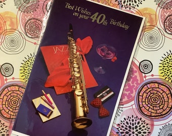 RARE Vintage/Retro Circa 1970s 'Best Wishes On Your 40th Birthday' Card - Super Retro Clarinet, Cocktail and Cigar Photo Card - Kitsch Card