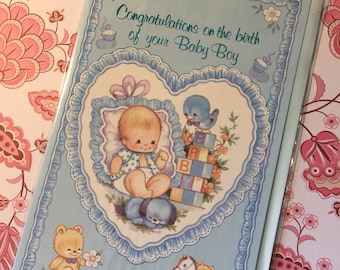 RARE Vintage/Retro Circa 1970s &#39;Congratulations on the birth of your Baby Boy&#39; Card - Cute Design - Lovely Verse - Vintage Loving Parents
