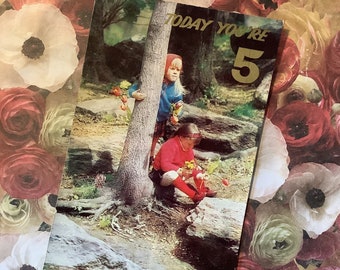 EXTREMELY RARE Vintage Circa 1970s 'Today You're 5' Retro Photo Card featuring 2 Little Girls playing in a Forest/Wood - Childhood Nostalgia