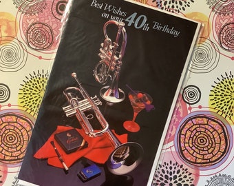 RARE Vintage/Retro Circa 1970s 'Best Wishes On Your 40th Birthday' Card - Super Retro Trumpet, Cocktail and Cigar Photo Card - Kitsch Card