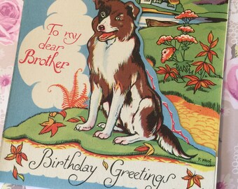 EXTREMELY RARE Circa 1940s Signed Vintage Four-fold Birthday Card Collectable Mia Card Sweet Verse Cute Dog Design Decorated Inside