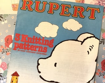 RARE Vintage 1985 'Rupert' 3 Knitting Patterns By Gary Kennedy (Intarsia) Children's and Adult Jumpers/Sweaters in Sizes 24" to 44"- 4 ply