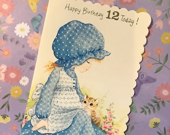 RARE Vintage Circa 1970s 'Happy Birthday 12 Today' Card -Cute Holly Hobbie Style Girl and Cat Design by Ethel Mary - Sweet Verse - Nostalgia
