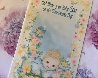 RARE Vintage Circa 1960s 'God Bless your Baby Son on his Christening Day' Card Cute Baby Boy & Rabbit Design Sweet Verse Vintage Lovers Card