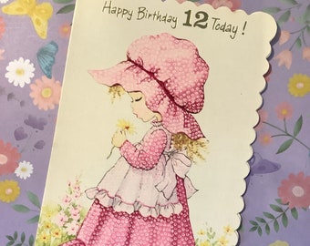 RARE Vintage/Retro Circa 1970s 'Happy Birthday 12 Today' Card -Cute Holly Hobbie Style Girl and Floral Design by Ethel Mary - Sweet Verse -