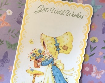 RARE Vintage Circa 1970s &#39; Get Well Wishes&#39; Card - Cute Little &#39;Holly Hobbie&#39; Style Girl Design - Vintage Loving Friend Card -Sweet Verse
