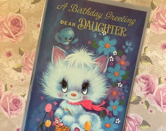 RARE True Vintage Circa 1960s 'A Birthday Greeting Dear Daughter' Four-Fold Card -Cute Cat Design -Sweet Verse  Retro/Cat Loving Daughter