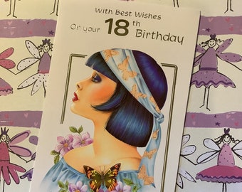 RARE Vintage Circa 1980s 'With Best Wishes On Your 18th Birthday' Card with Pretty Lady, Butterfly & Floral Design  Retro Fashion Lover Card