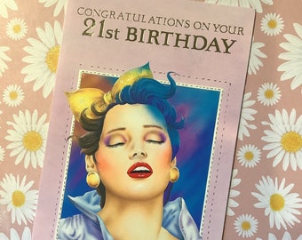 RARE Vintage Circa 1980s 'Congratulations On Your 21st Birthday' Card with Pretty 'Disco' Diva/Lady Design - 1980s Retro Fashion Lover Card