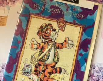 RARE Vintage/Retro Circa 1990s 'Best Wishes On Your 65th Birthday' Card - Cute Tiger 'Fisherman' Design by Pip -Fishing Loving Birthday Card