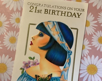 RARE Vintage Circa 1980s 'Congratulations On Your 21st Birthday' Card with Pretty Lady, Butterfly & Floral Design - Retro Fashion Lover Card