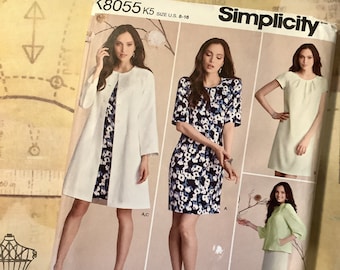 Uncut 2016 Simplicity Sewing Pattern No K8055 Misses&#39; Dress & Coat or Jacket In Sizes 8-16 -Supply Pattern -English and Spanish Instructions