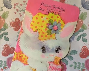 RARE Vintage/Retro Circa 1960s 'Happy Birthday dear Niece' Card Super Cute Cat In An Apron Design -Kitsch/Nostalgia Loving Niece Sweet Verse