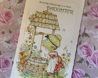 RARE Retro/Vintage Circa 1970s &#39;Birthday Greetings to a dear Daughter&#39; Card Designed by Anneliese - Cute &#39;Holly Hobbie&#39; Style Girl Design