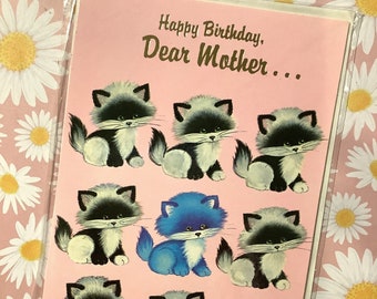 Rare Unwritten Vintage Circa 1970s 'Happy Birthday Dear Mother' ADORABLE Kitsch Cat Design - Retro Card - Sweet Greeting - Nostalgic Card