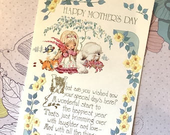 RARE Circa 1970s Vintage/Retro 'Happy Mother’s Day' Card Cute 'Honey Bunch' Card Sweet Long Haired Girl, Dog,Cat & Bird Design - Cute Verse