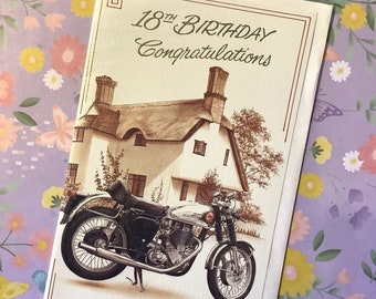 RARE Vintage Circa 1980s '18th Birthday Congratulations' Card with FABULOUS Vintage Motorcycle Design - Nostalgia/Motorbike Lover Card