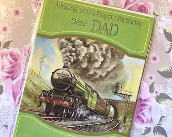 RARE & FABULOUS Vintage 1970s &#39;Wishing You A Happy Birthday Dear Dad&#39; Steam Train Design Birthday Card  - Steam Train Fan - Train Lover Card