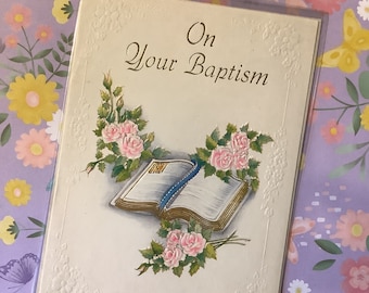 EXTREMELY RARE Vintage Stunning Circa 1950s 'On Your Baptism' Card - Pretty Bible & Pink Roses Design with Gold Detailing - Card To Treasure