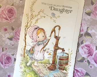 RARE Retro/Vintage Circa 1970s &#39;With Love on your Birthday Daughter&#39; Card Designed by Anneliese - Cute &#39;Holly Hobbie&#39; Style Girl Design
