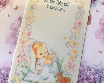 RARE Vintage Circa 1960s 'As Your Baby Boy is Christened' Card - Super Cute Baby Boy & Animals Design - Sweet Verse - Vintage Lovers Card