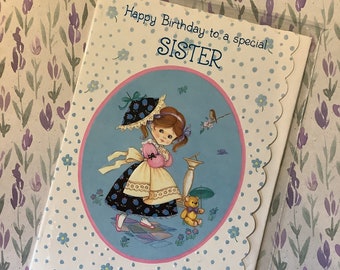 RARE Circa 1970s Vintage/Retro &#39;Happy Birthday to a special Sister&#39; -Super Cute Little Girl & Teddy Bear Design -Vintage/Retro Loving Sister