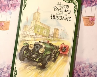 EXTREMELY RARE Vintage/Retro Circa 1970s 'Happy Birthday Darling Husband' Card - STUNNING Classic Racing Car Design - Nostalgia/Car Lover