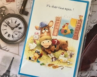 VERY RARE Vintage 1970s 'Swifty and Sam' Blank Birthday Card -Fun, Horse, Chickens & Jockey Design by Giordano Art -Horse/Chicken Lover Card